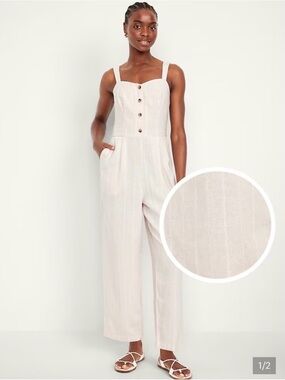 Old Navy Women's Light Beige Stripe Linen-Blend Jumpsuit